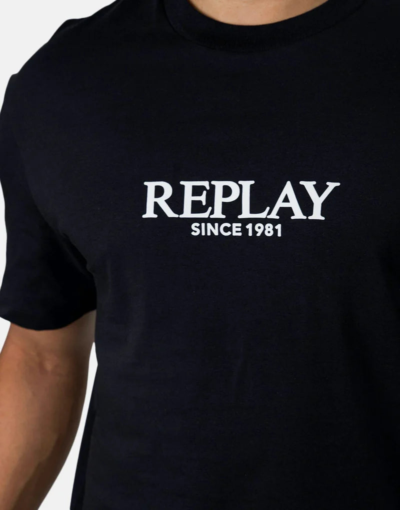 Replay Center Logo Print Black T-Shirt