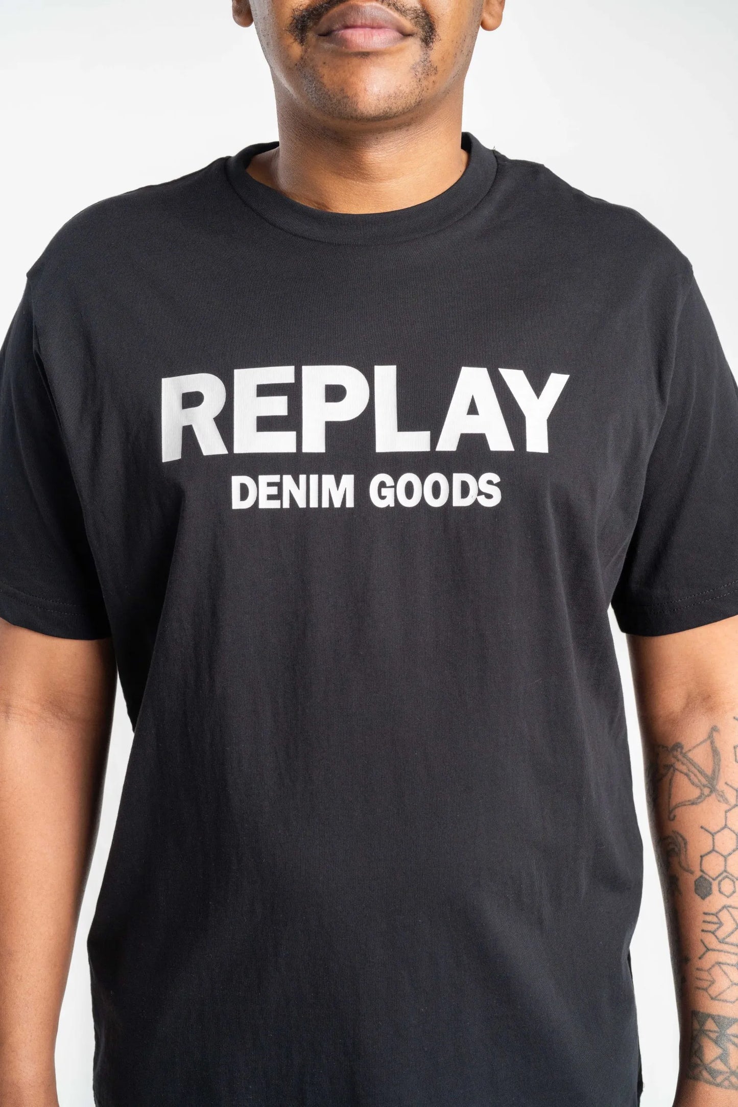 Replay Black Cotton T-Shirt with White Lettering