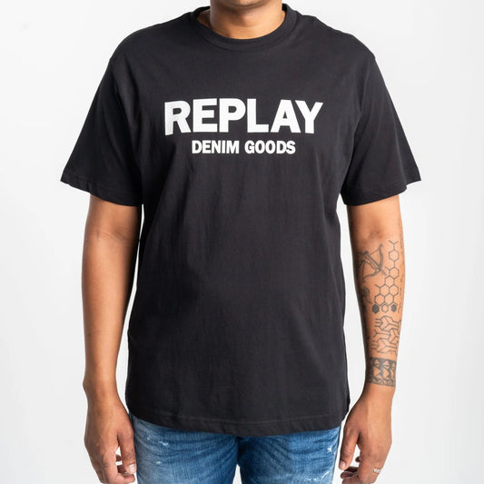 Replay Black Cotton T-Shirt with White Lettering