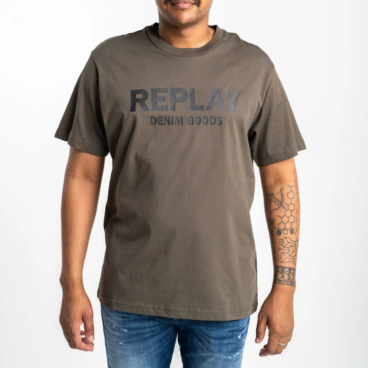 Replay Mud Green Cotton T-Shirt with Black Lettering