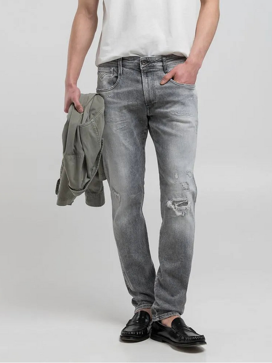 Replay Light Grey 12.5 OZ White Weft Black Power Stretch Anbass Slim Denim